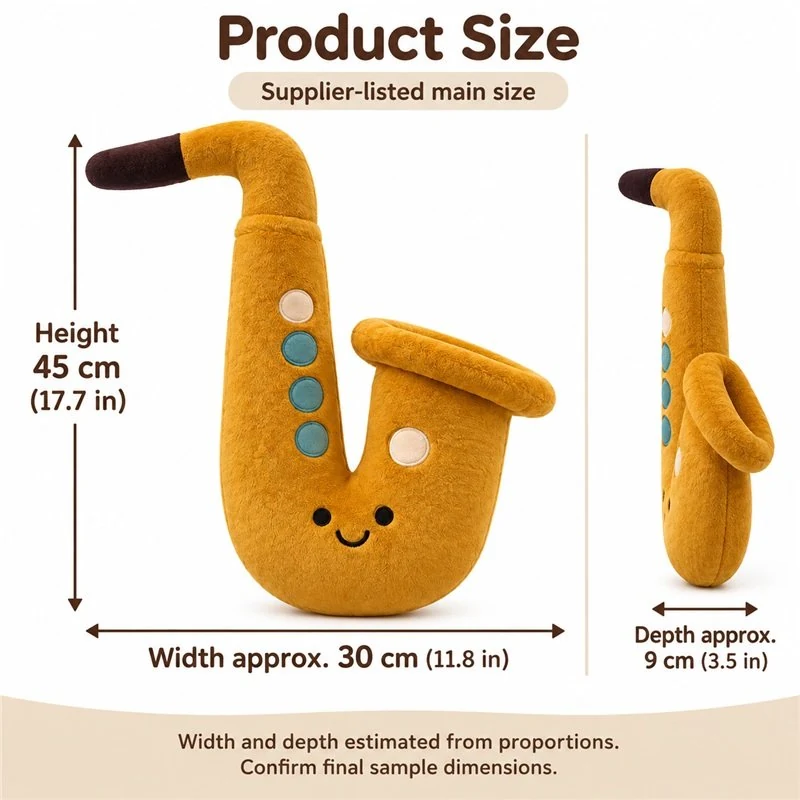 Ochre Saxophone Plush — proposed size reference; dimensions require sample confirmation.