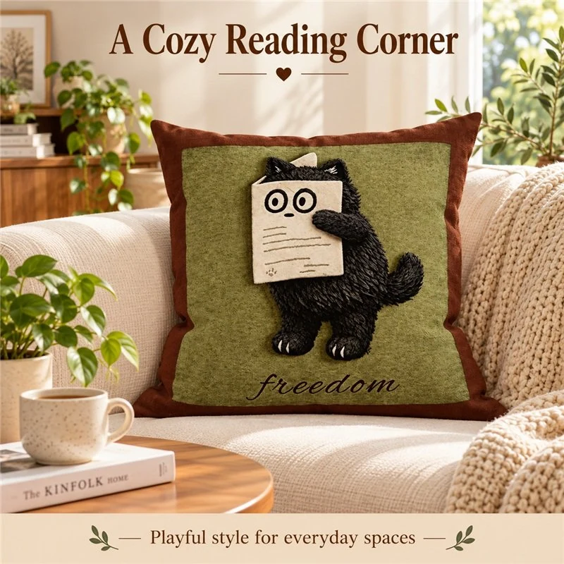 Illustrative application scene featuring rectangular black cat print pillow; setting is a concept.