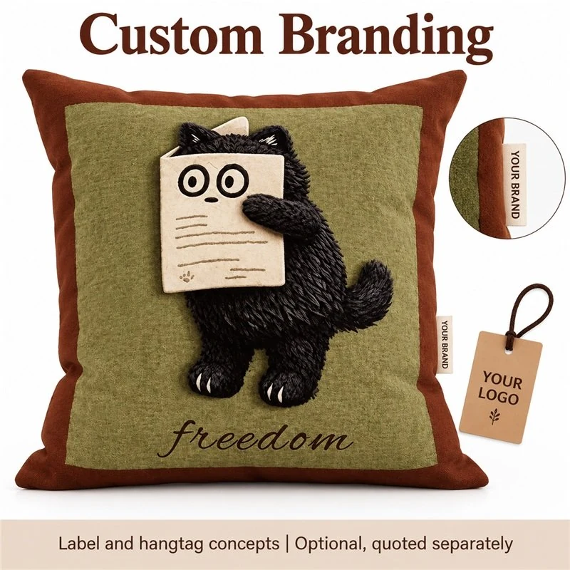 Customization concept for rectangular black cat print pillow; feasibility and sample approval required.