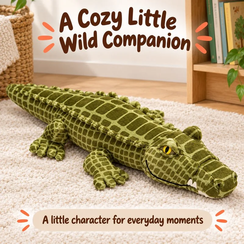 Illustrative application scene featuring olive crocodile plush; setting is a concept.