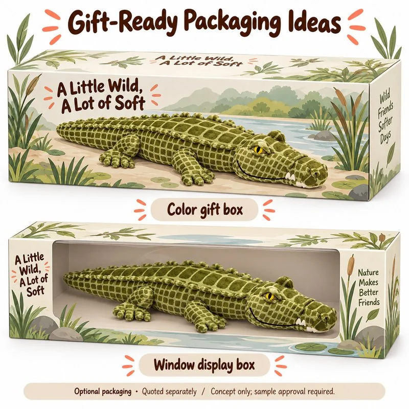 Olive Crocodile Plush — optional packaging concept; final artwork, fit and quotation require confirmation.