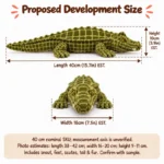 Olive Crocodile Plush — proposed size reference; dimensions require sample confirmation.
