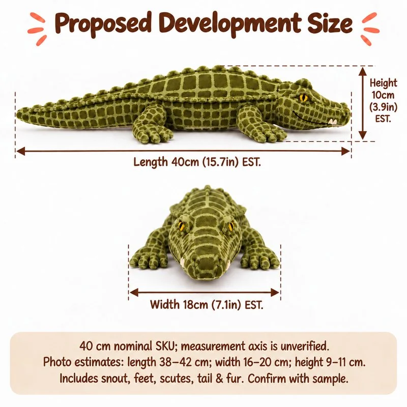 Olive Crocodile Plush — proposed size reference; dimensions require sample confirmation.