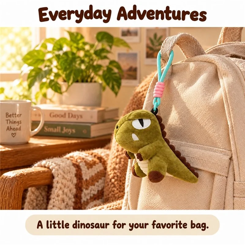 Illustrative application scene featuring olive green t rex plush keychain; setting is a concept.