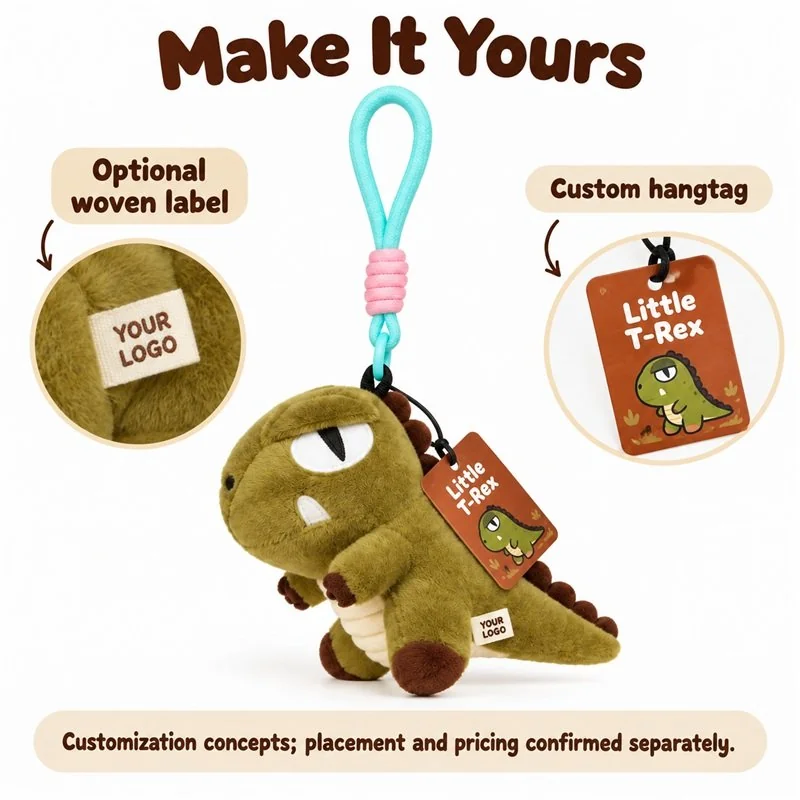 Customization concept for olive green t rex plush keychain; feasibility and sample approval required.