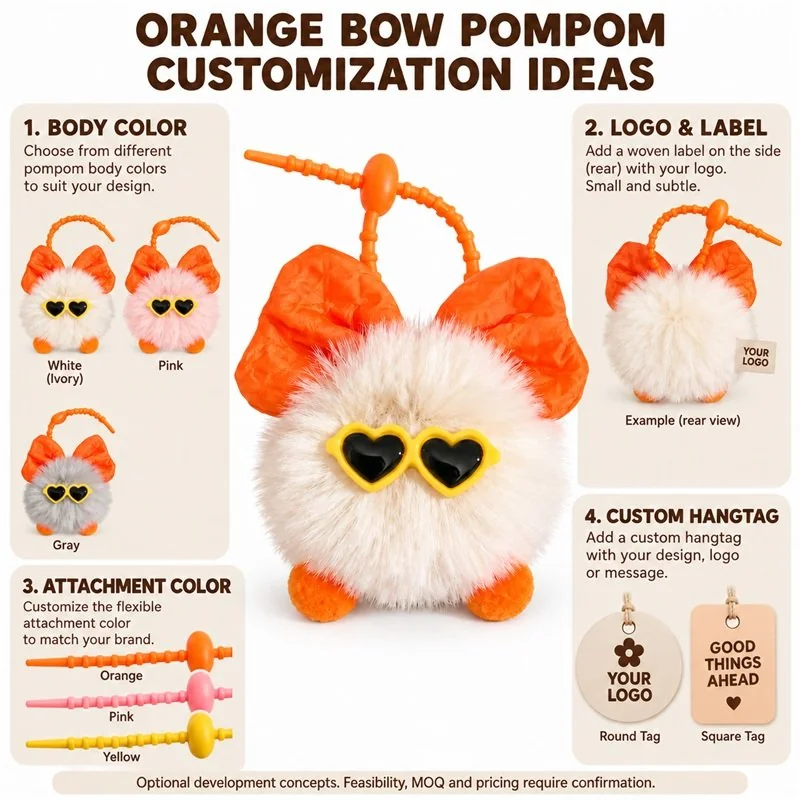 Customization concept for orange bow heart glasses pompom keychain; feasibility and sample approval required.