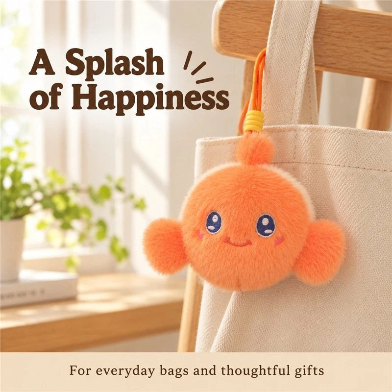 Illustrative application scene featuring orange clownfish plush keychain; setting is a concept.