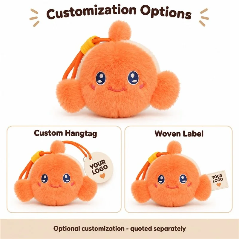 Customization concept for orange clownfish plush keychain; feasibility and sample approval required.