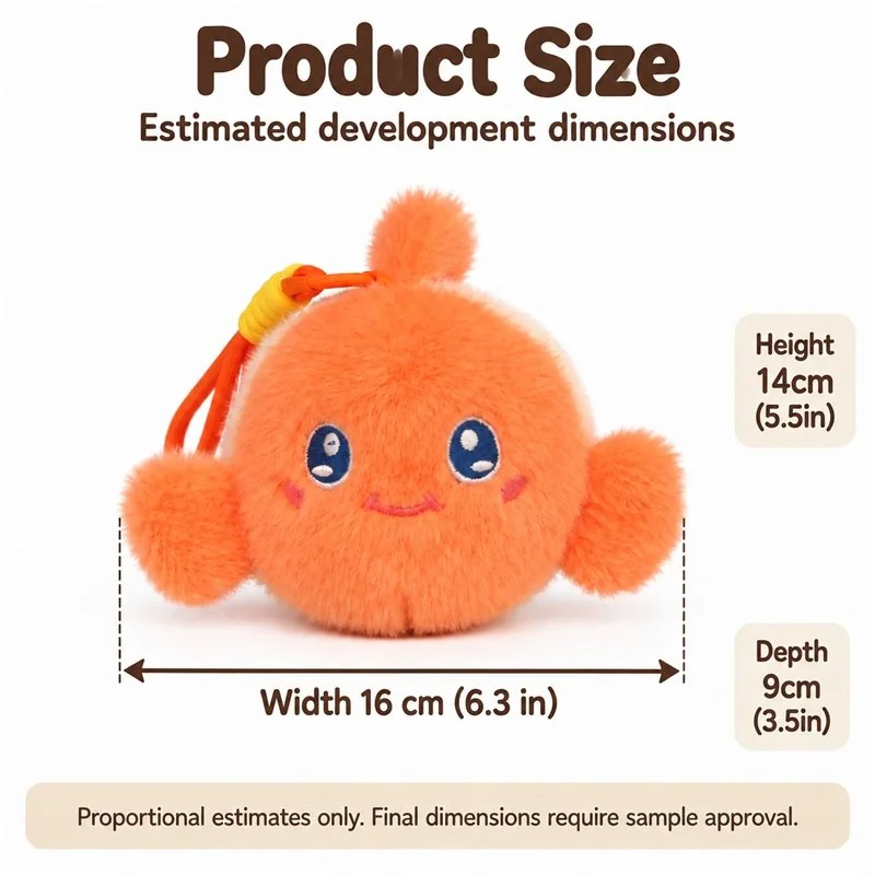 Orange Clownfish Plush Keychain — proposed size reference; dimensions require sample confirmation.