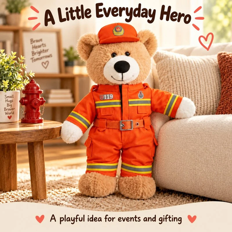 Illustrative application scene featuring orange firefighter teddy bear plush; setting is a concept.