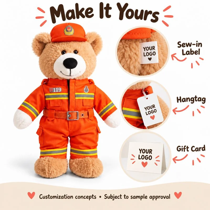 Customization concept for orange firefighter teddy bear plush; feasibility and sample approval required.