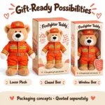 Orange Firefighter Teddy Bear Plush — optional packaging concept; final artwork, fit and quotation require confirmation.