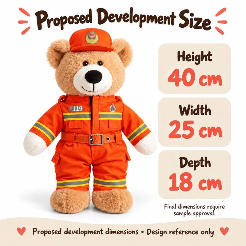 Orange Firefighter Teddy Bear Plush — proposed size reference; dimensions require sample confirmation.