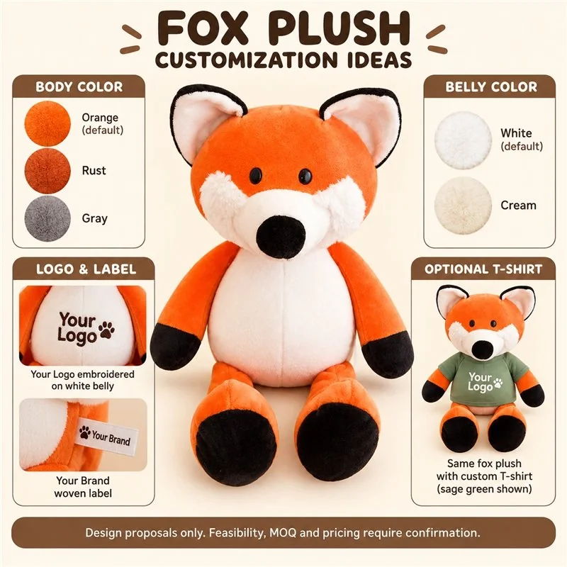 Customization concept for long arm orange fox plush; feasibility and sample approval required.