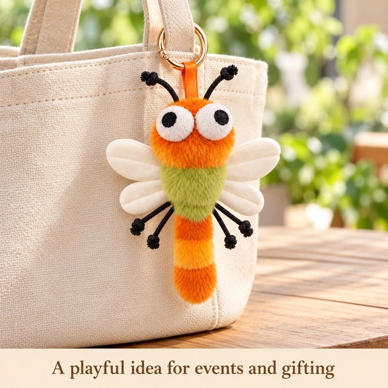 Illustrative application scene featuring orange green dragonfly plush keychain; setting is a concept.