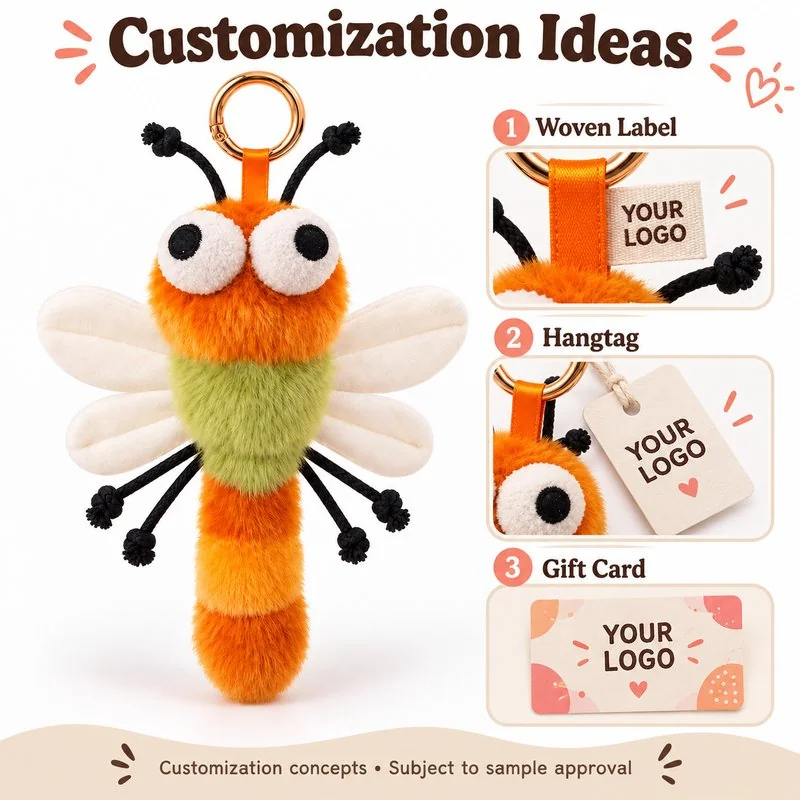 Customization concept for orange green dragonfly plush keychain; feasibility and sample approval required.