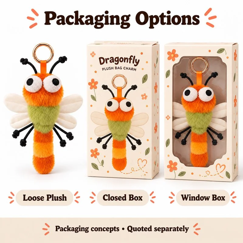 Orange Green Dragonfly Plush Keychain — optional packaging concept; final artwork, fit and quotation require confirmation.