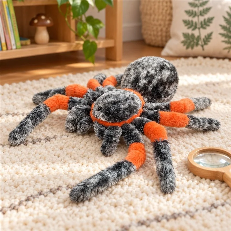 Illustrative application scene featuring orange legged spider plush; setting is a concept.