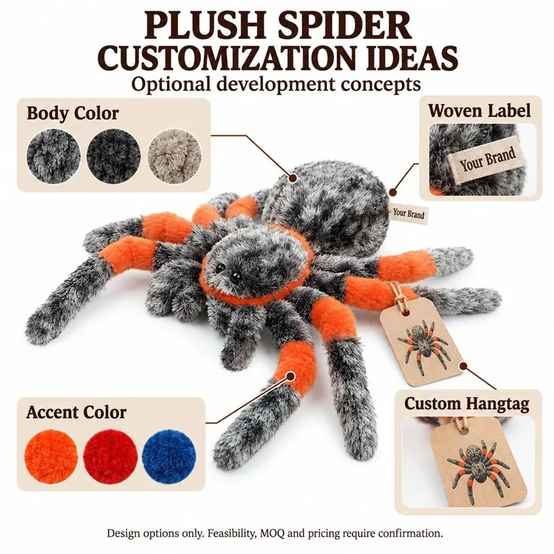 Customization concept for orange legged spider plush; feasibility and sample approval required.