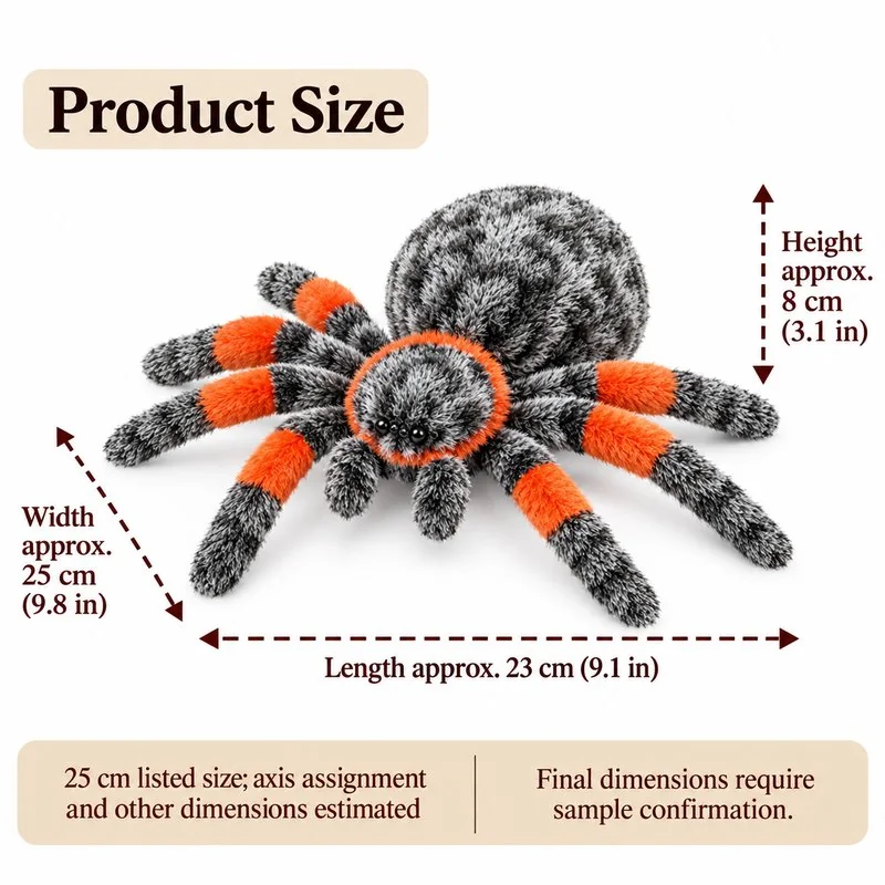 Orange Legged Spider Plush — proposed dimensions — confirm with sample