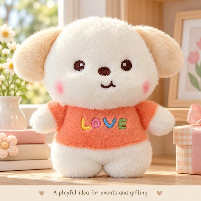 Illustrative application scene featuring orange love shirt puppy plush; setting is a concept.