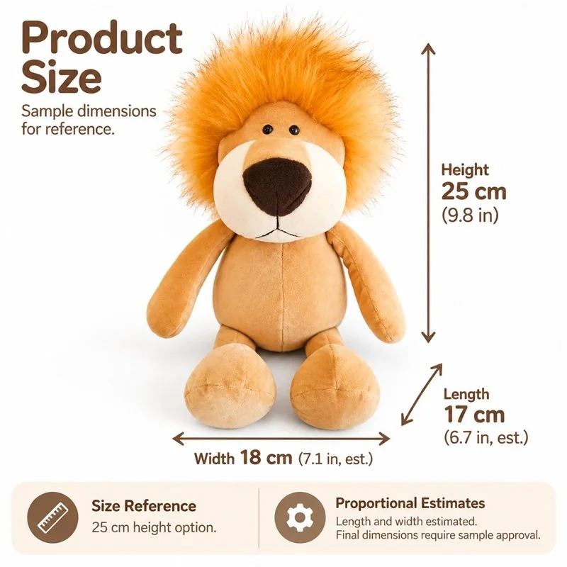 Orange Mane Lion Plush — proposed size reference; dimensions require sample confirmation.