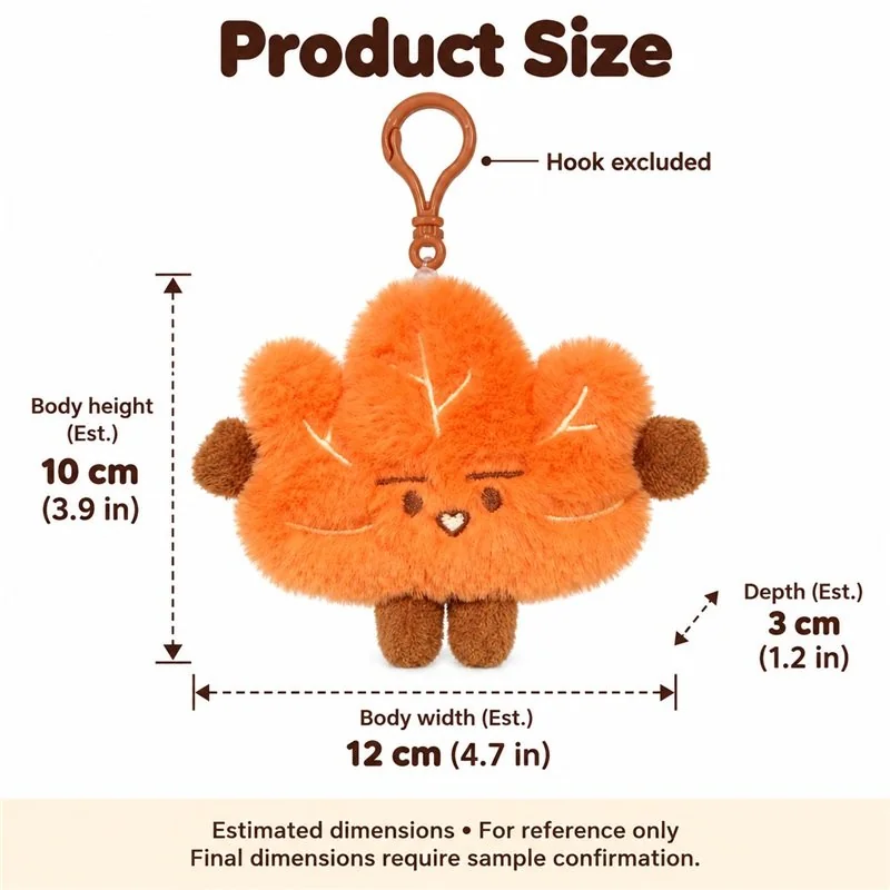 Orange Maple Leaf Plush Keychain — proposed size reference; dimensions require sample confirmation.