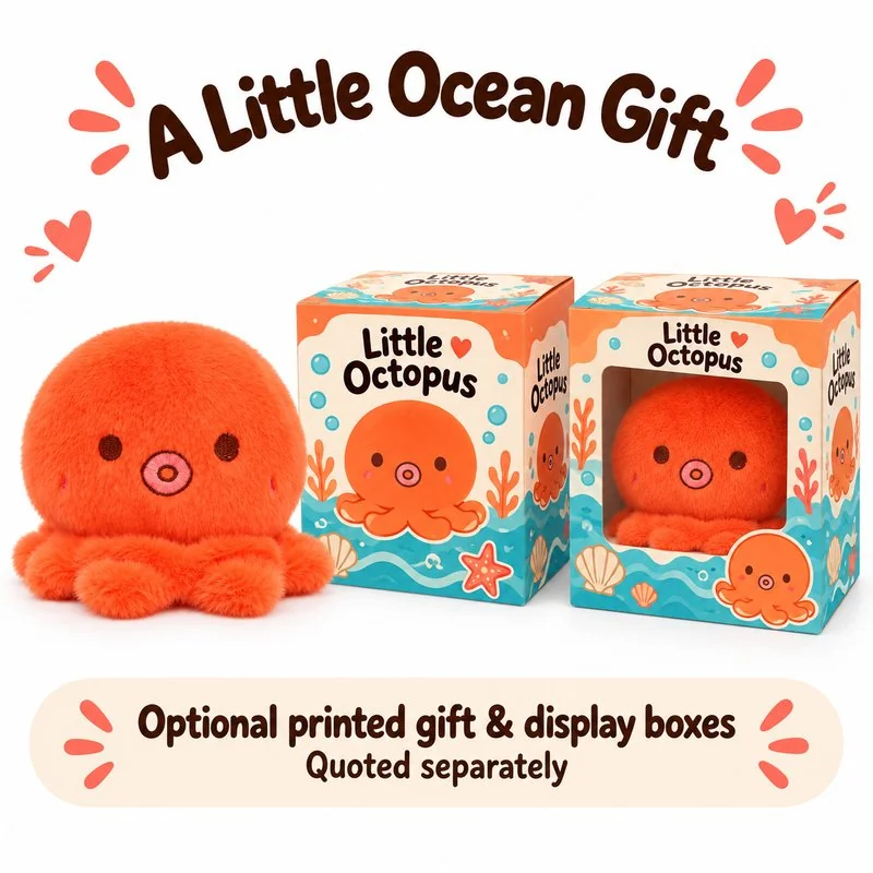 Orange Octopus Plush — optional packaging concept; final artwork, fit and quotation require confirmation.