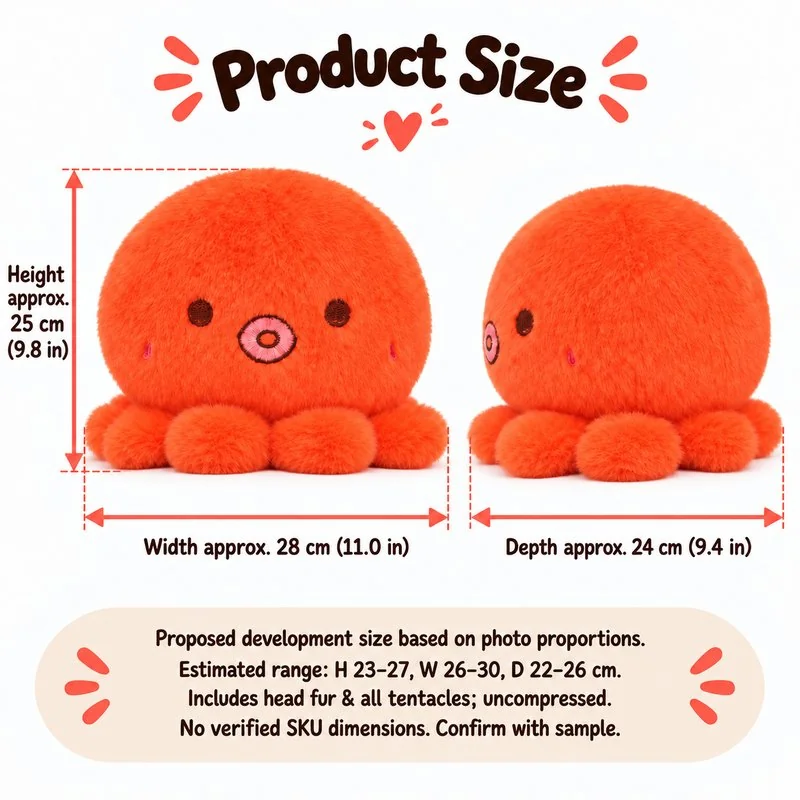 Orange Octopus Plush — proposed size reference; dimensions require sample confirmation.