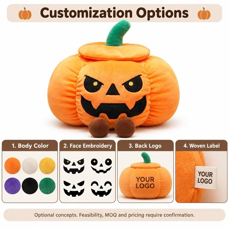 Customer-logo concept for orange pumpkin plush storage basket, showing proposed back-logo and woven-label options; feasibility and sample approval required.