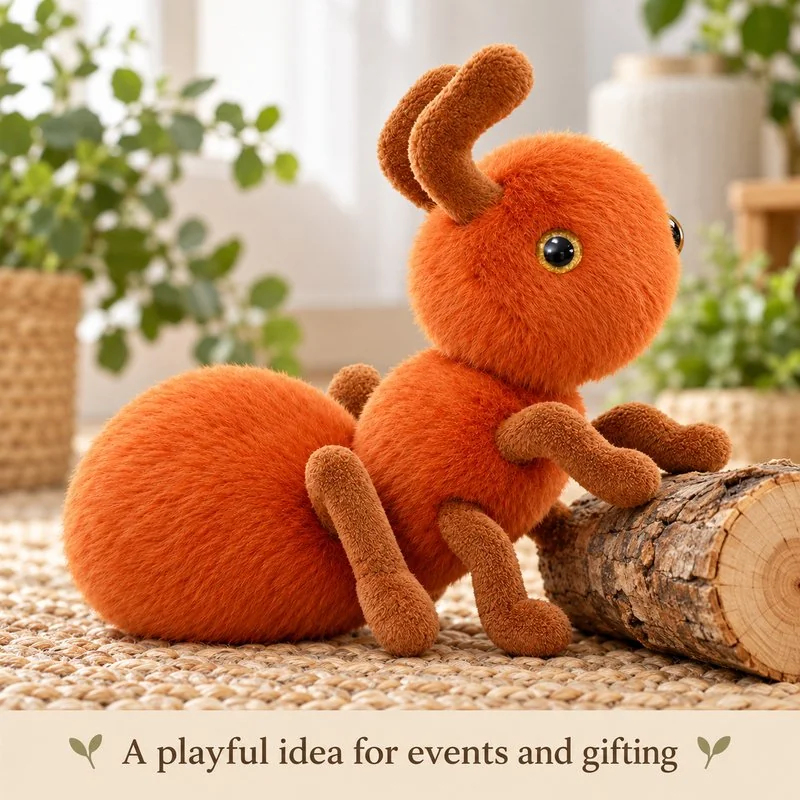 Illustrative application scene featuring upright orange round ant plush; setting is a concept.
