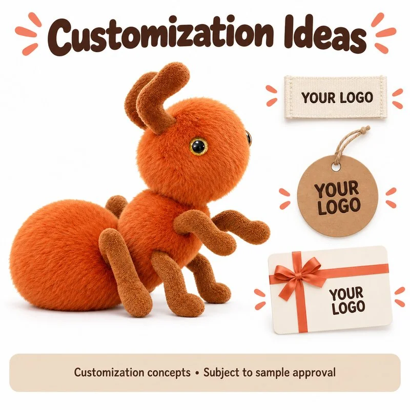 Customization concept for upright orange round ant plush; feasibility and sample approval required.