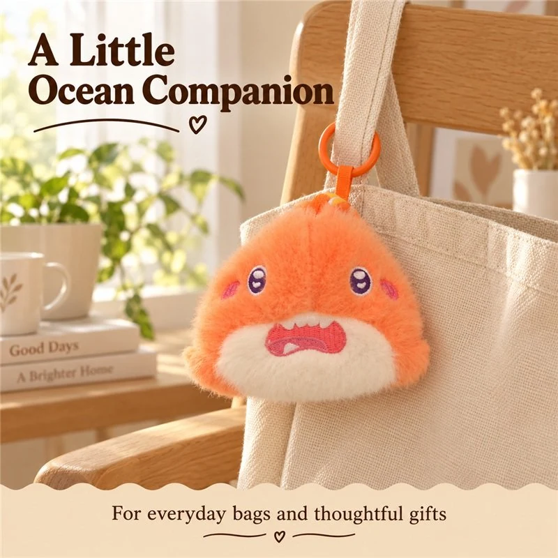 Illustrative application scene featuring orange shark plush keychain; setting is a concept.