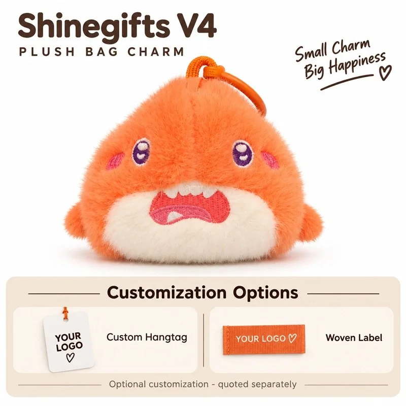 Customization concept for orange shark plush keychain; feasibility and sample approval required.