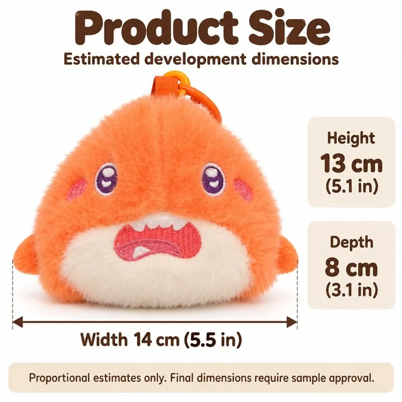 Orange Shark Plush Keychain — proposed size reference; dimensions require sample confirmation.