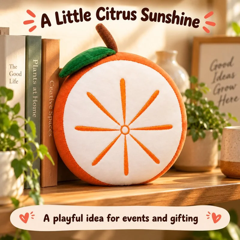 Illustrative application scene featuring orange slice plush cushion; setting is a concept.