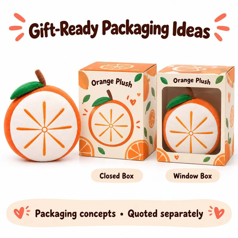 Orange Slice Plush Cushion — optional packaging concept; final artwork, fit and quotation require confirmation.