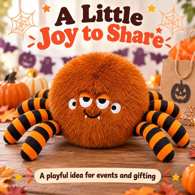 Illustrative application scene featuring orange striped leg spider plush; setting is a concept.