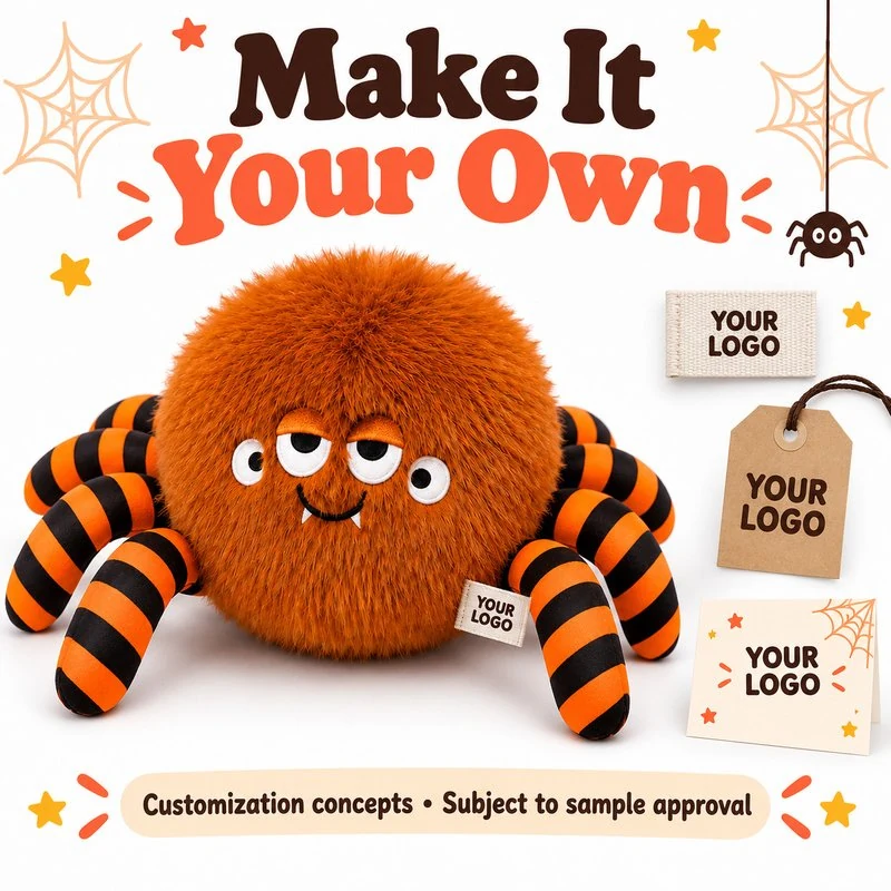 Customization concept for orange striped leg spider plush; feasibility and sample approval required.