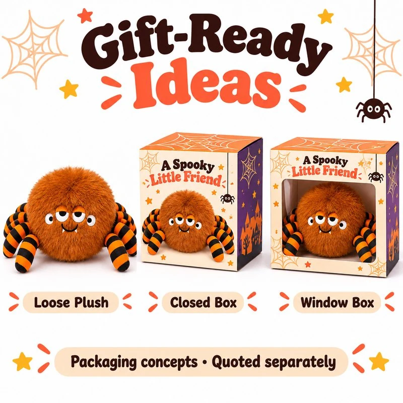 Orange Striped Leg Spider Plush — optional packaging concept; final artwork, fit and quotation require confirmation.