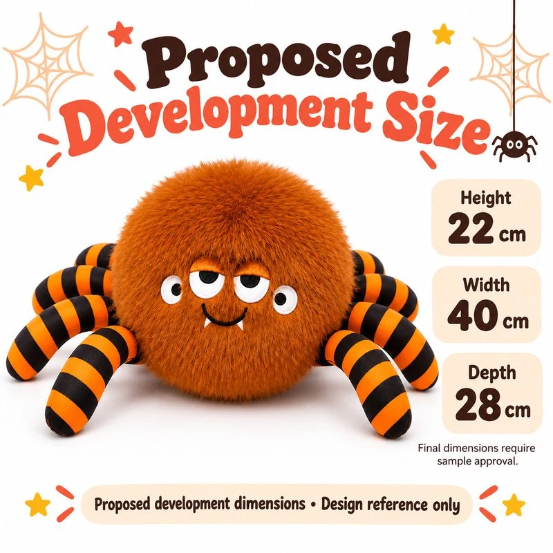 Orange Striped Leg Spider Plush — proposed size reference; dimensions require sample confirmation.