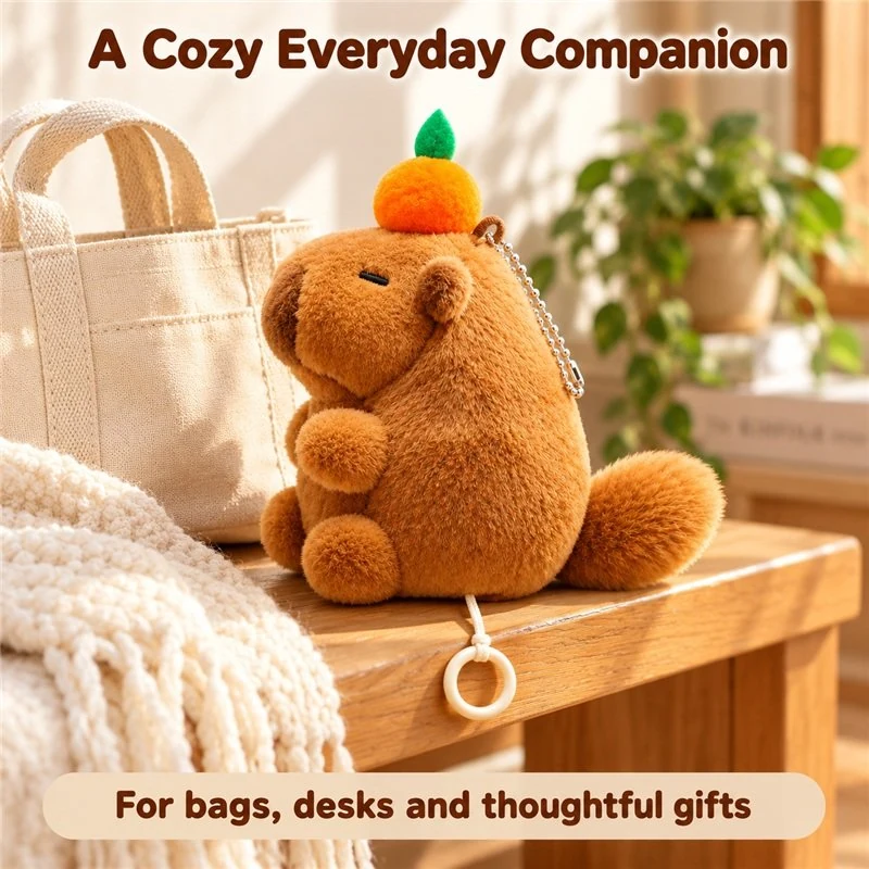 Illustrative application scene featuring orange top capybara plush keychain; setting is a concept.