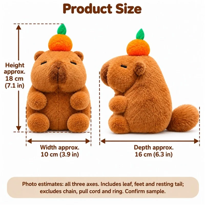 Orange Top Capybara Plush Keychain — proposed size reference; dimensions require sample confirmation.