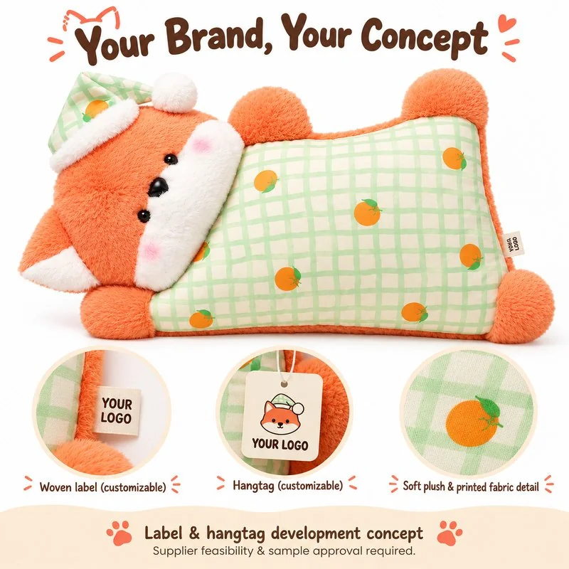 Customization concept for pajama orange fox plush pillow; feasibility and sample approval required.