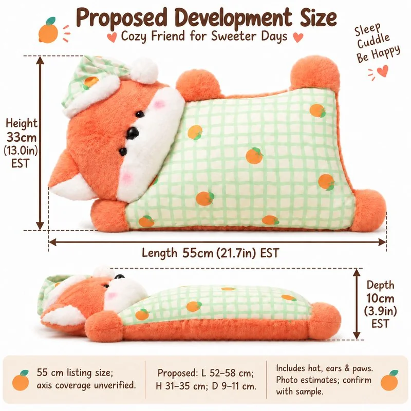 Pajama Orange Fox Plush Pillow — proposed size reference; dimensions require sample confirmation.