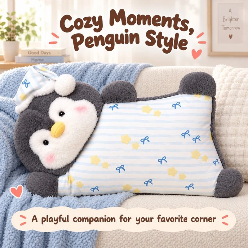 Illustrative application scene featuring pajama penguin plush pillow; setting is a concept.