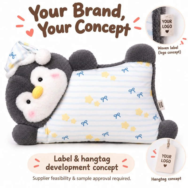 Customization concept for pajama penguin plush pillow; feasibility and sample approval required.