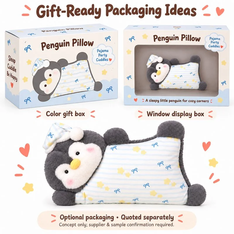 Pajama Penguin Plush Pillow — optional packaging concept; final artwork, fit and quotation require confirmation.