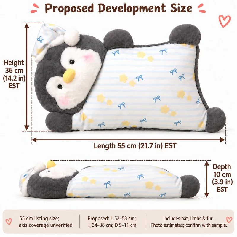Pajama Penguin Plush Pillow — proposed size reference; dimensions require sample confirmation.