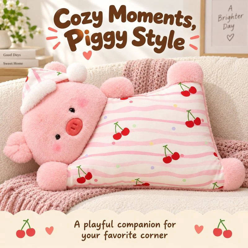 Illustrative application scene featuring pajama pink pig plush pillow; setting is a concept.
